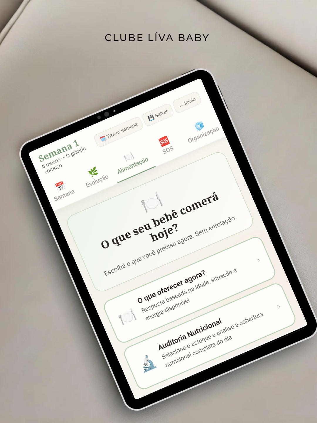 Tela do App Líva Baby exibida em um tablet