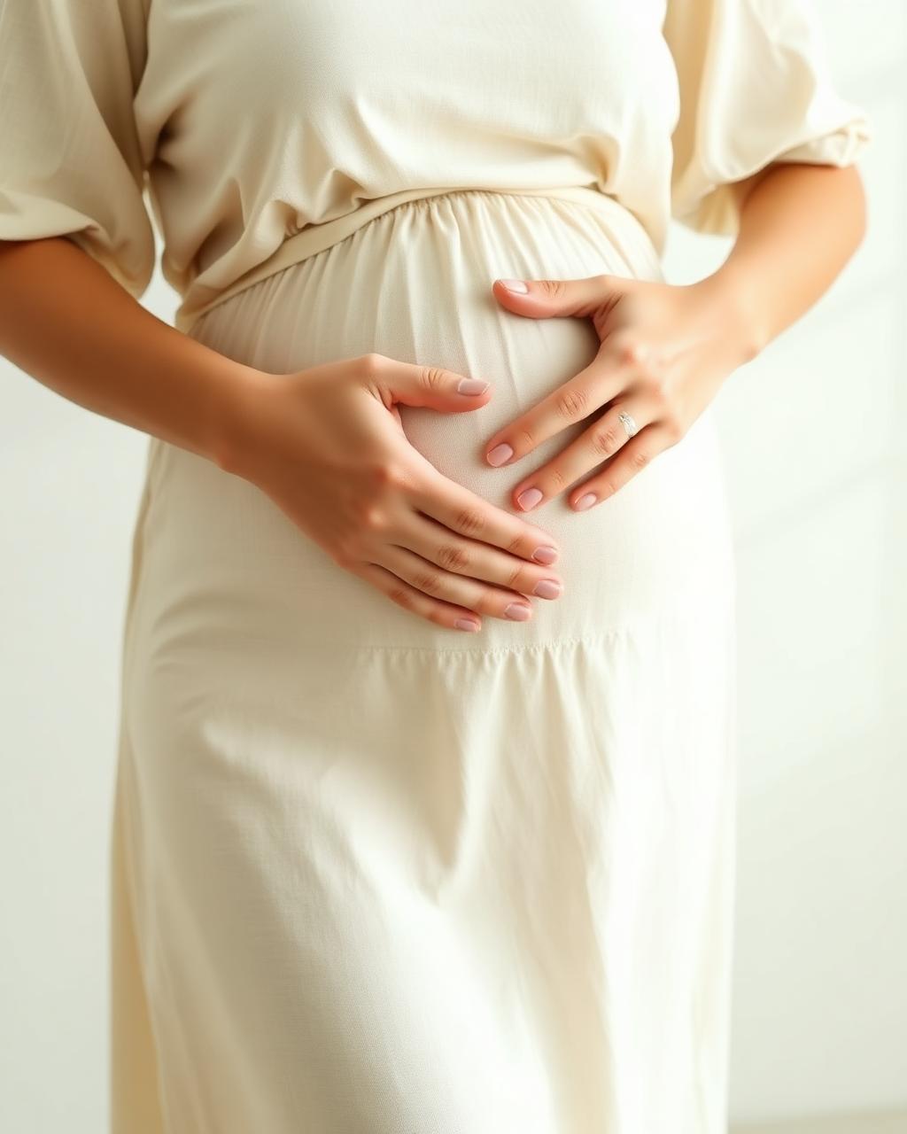 Gestante em vestido de linho neutro com as mãos sobre a barriga