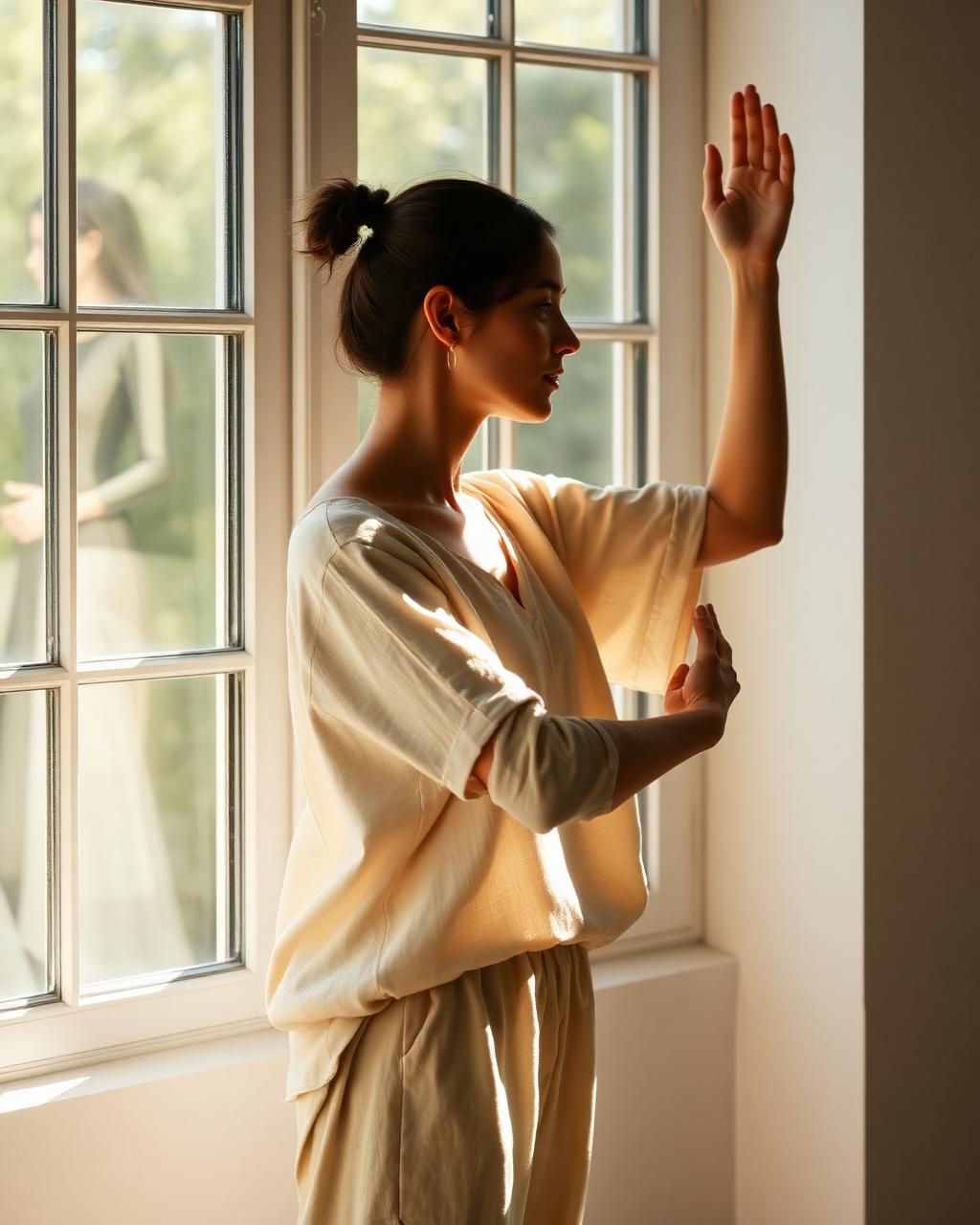 Mulher em movimento suave próxima à janela em luz natural